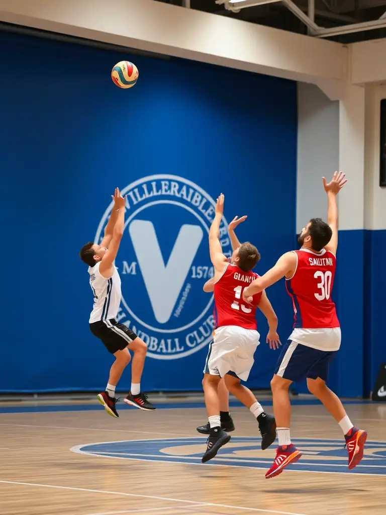 An action shot of adult HBCM players competing in a regional handball match, demonstrating the intensity and skill of competitive play.