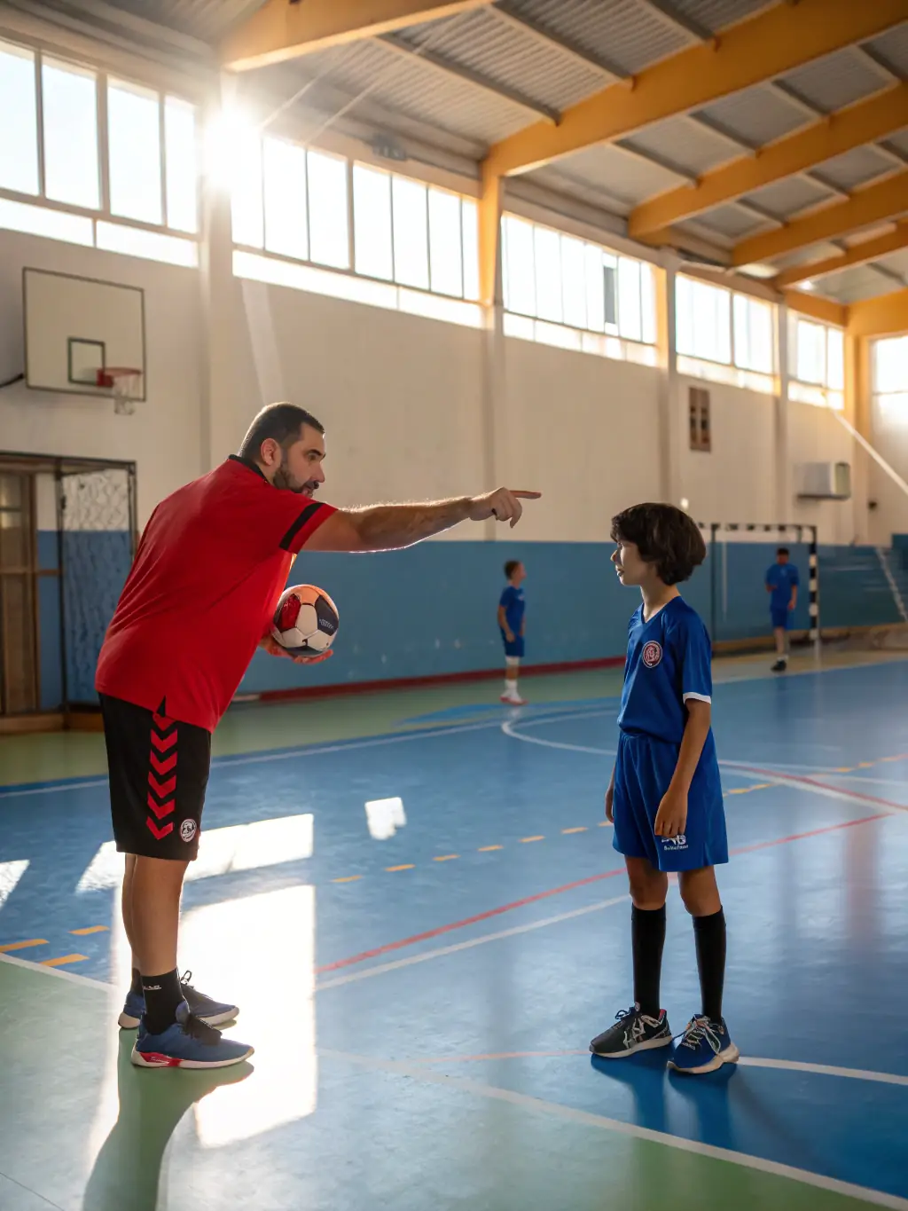 A picture of a specialized handball coaching clinic at HBCM, with experienced coaches providing advanced training to players.