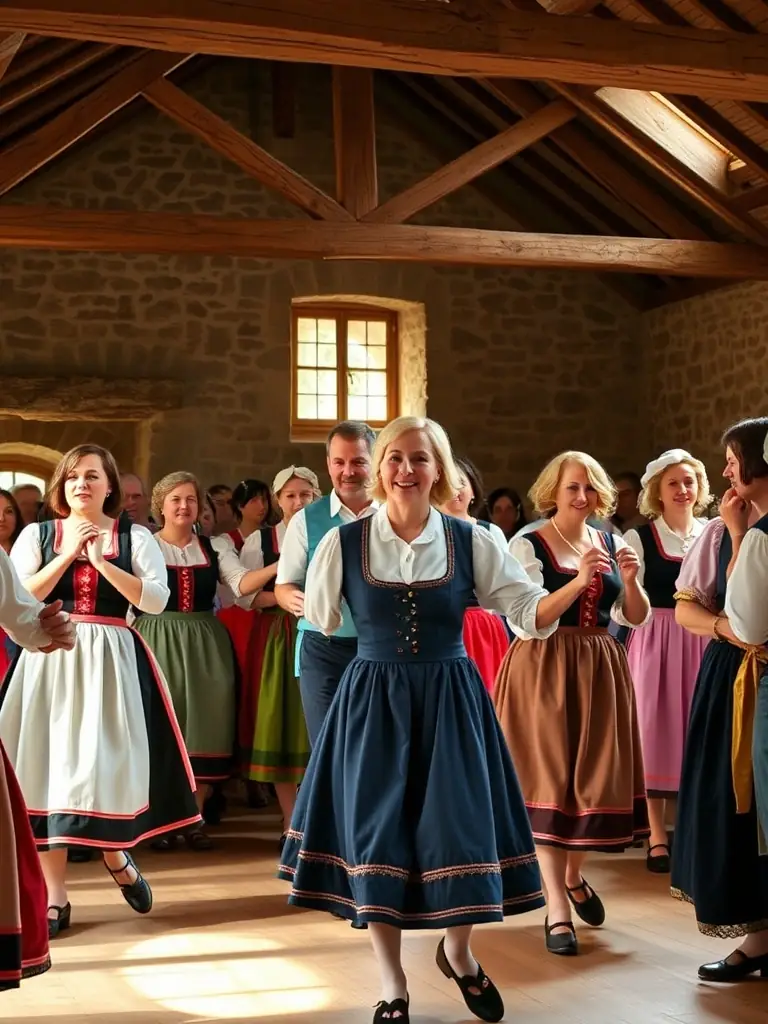Adults learning a traditional French folk dance at Les Jolis Pas de Danse, emphasizing the cultural aspect and the community bonding experience, set in a rustic village hall.