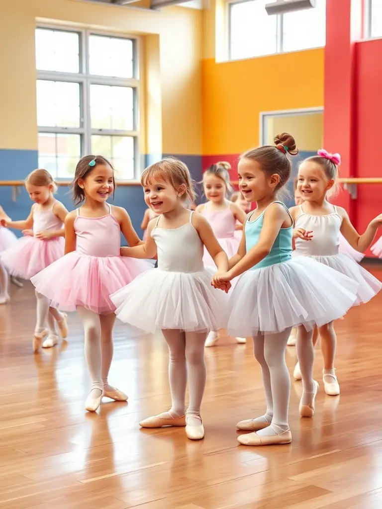 A group of young children, aged 5-7, laughing and dancing in a circle during a ballet class. The studio is bright and colorful, and the children are wearing ballet shoes and tutus.