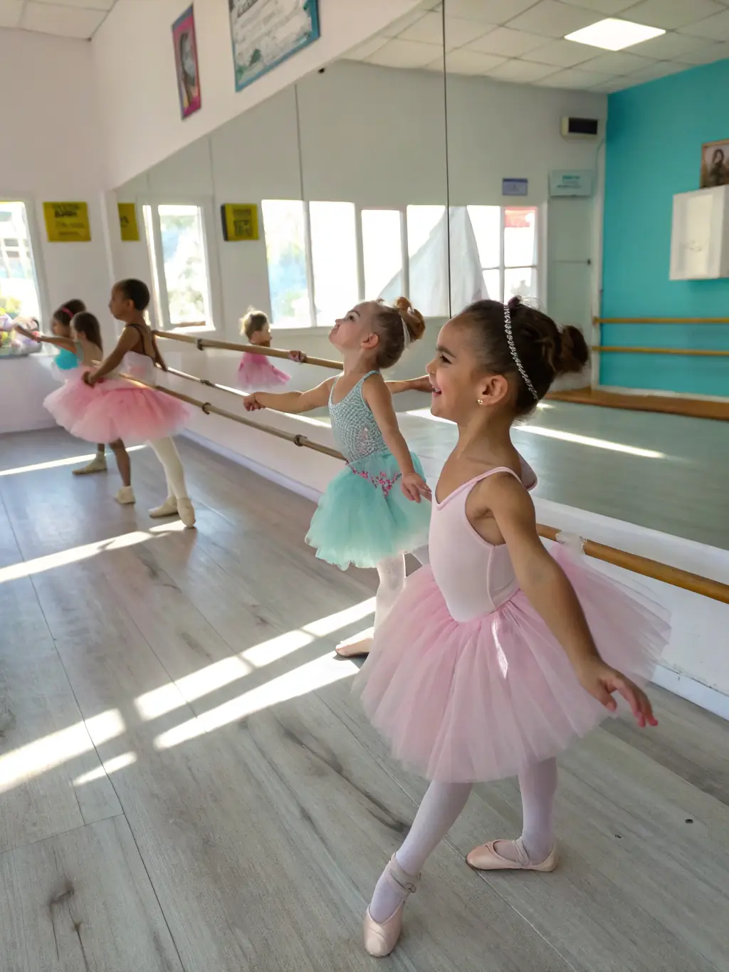 A group of young children, aged 5-7, laughing and stretching during a ballet class at Les Jolis Pas de Danse, with a focus on their joyful expressions and the colorful dance studio in the background.