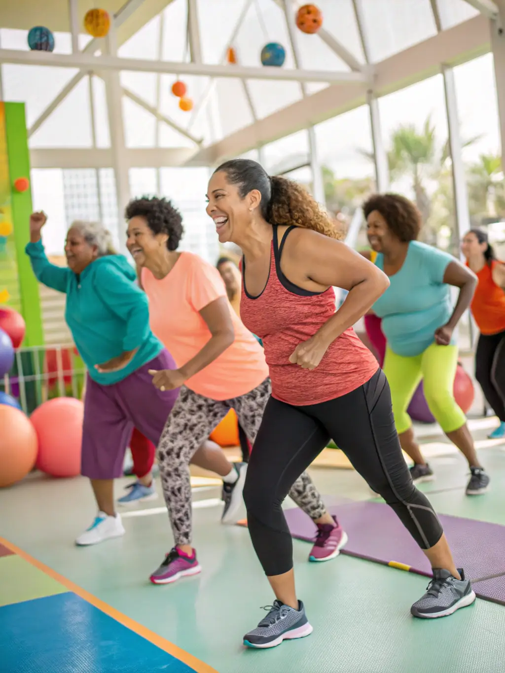 A diverse group of adults participating in a Zumba class, led by an enthusiastic instructor. The class is full of energy and smiles.