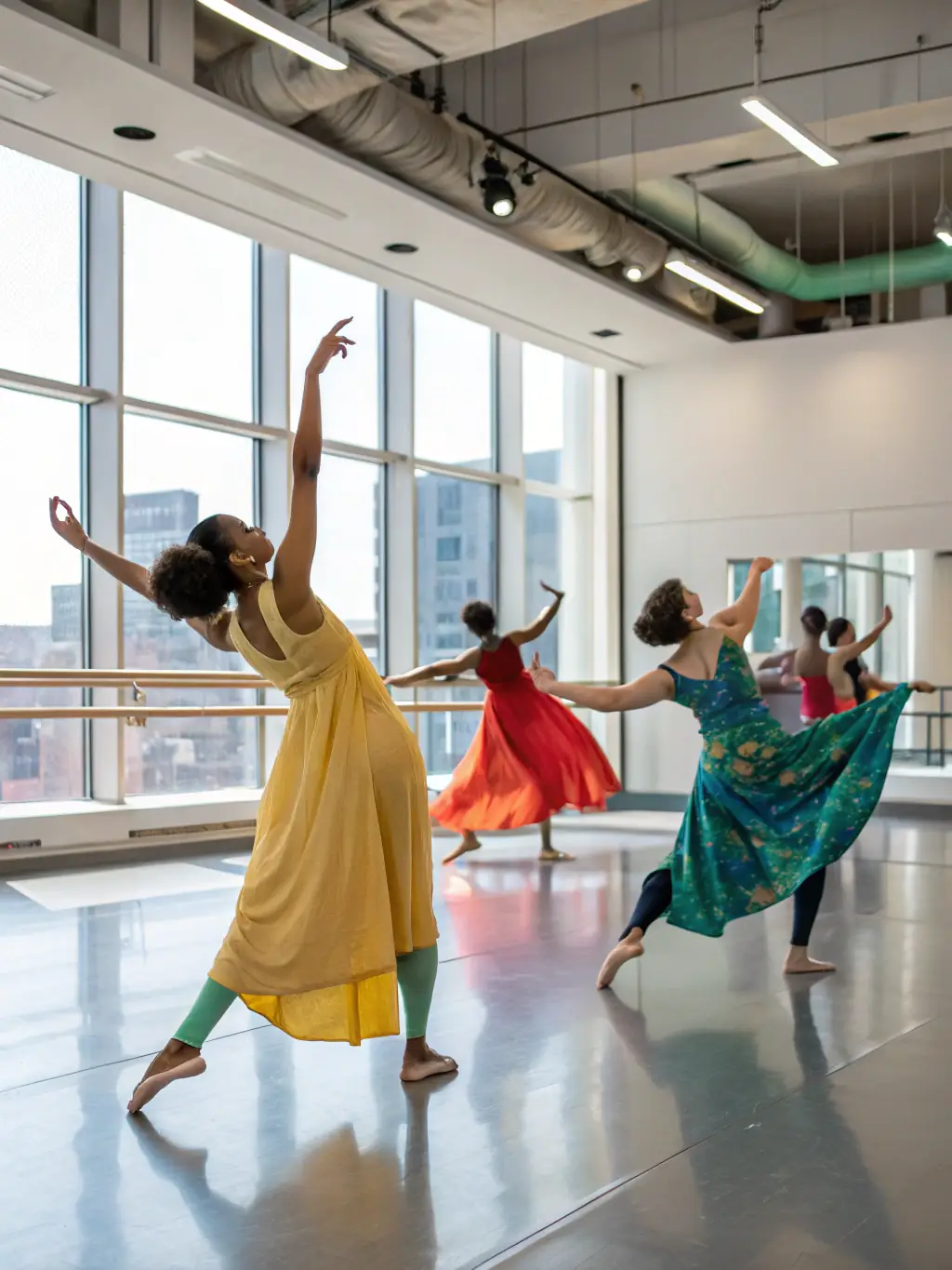 Teenagers practicing a modern dance routine at Les Jolis Pas de Danse, showcasing their energy and coordination, with the instructor providing guidance in the background.
