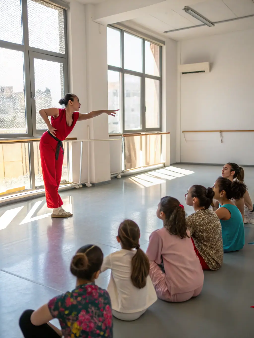 Teenagers practicing a hip-hop routine in a dance studio, with an instructor guiding them. The atmosphere is energetic and dynamic.